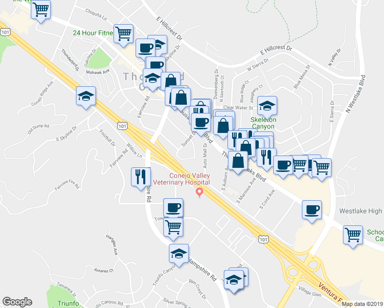 map of restaurants, bars, coffee shops, grocery stores, and more near 3369 Holly Grove Street in Westlake Village