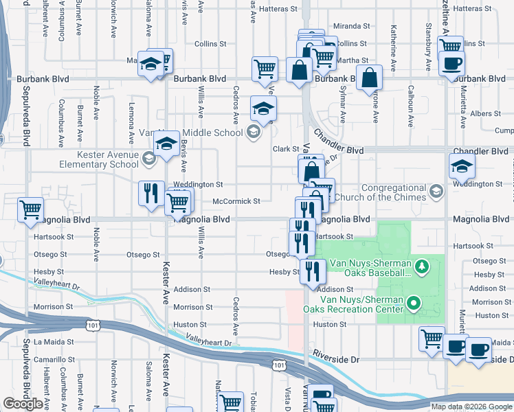 map of restaurants, bars, coffee shops, grocery stores, and more near 14628 McCormick Street in Los Angeles