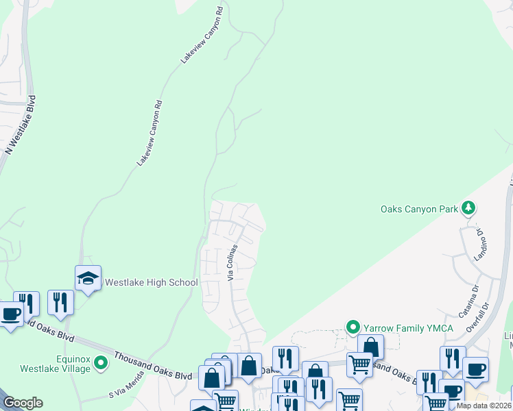 map of restaurants, bars, coffee shops, grocery stores, and more near 664 Via Colinas in Westlake Village