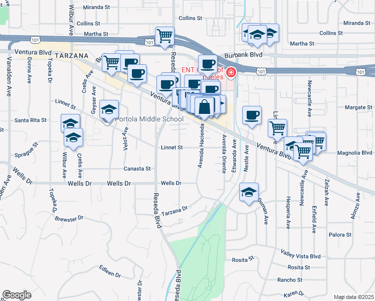 map of restaurants, bars, coffee shops, grocery stores, and more near 18432 Linnet Street in Los Angeles