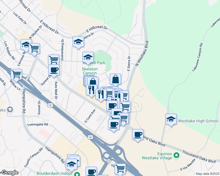 map of restaurants, bars, coffee shops, grocery stores, and more near 2783 East Sierra Drive in Westlake Village