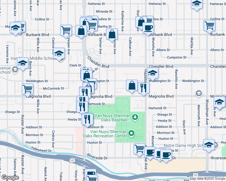 map of restaurants, bars, coffee shops, grocery stores, and more near 5221 Tyrone Avenue in Los Angeles