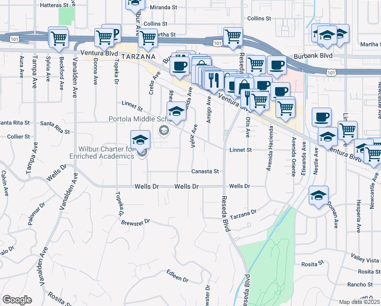 map of restaurants, bars, coffee shops, grocery stores, and more near 5211 Veloz Avenue in Los Angeles