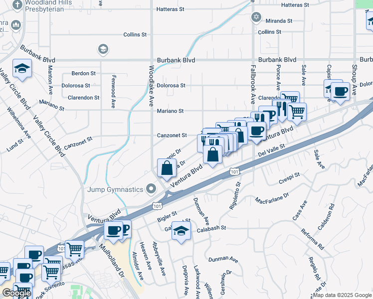 map of restaurants, bars, coffee shops, grocery stores, and more near 23048 Ostronic Drive in Los Angeles