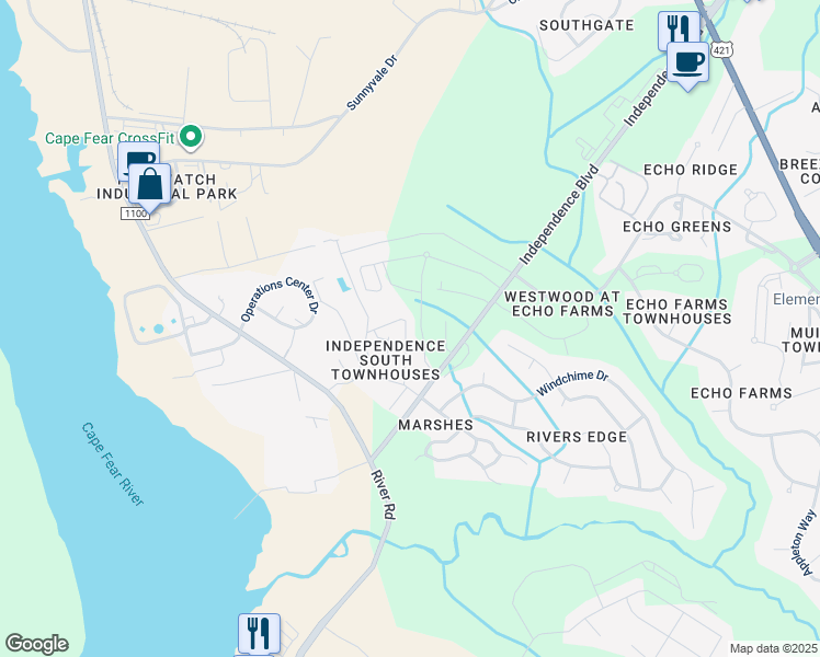 map of restaurants, bars, coffee shops, grocery stores, and more near 242 Hibiscus Way in Wilmington