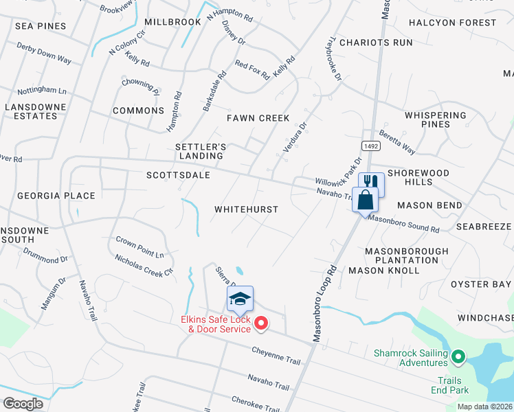 map of restaurants, bars, coffee shops, grocery stores, and more near 4135 Whitehurst Drive in Wilmington