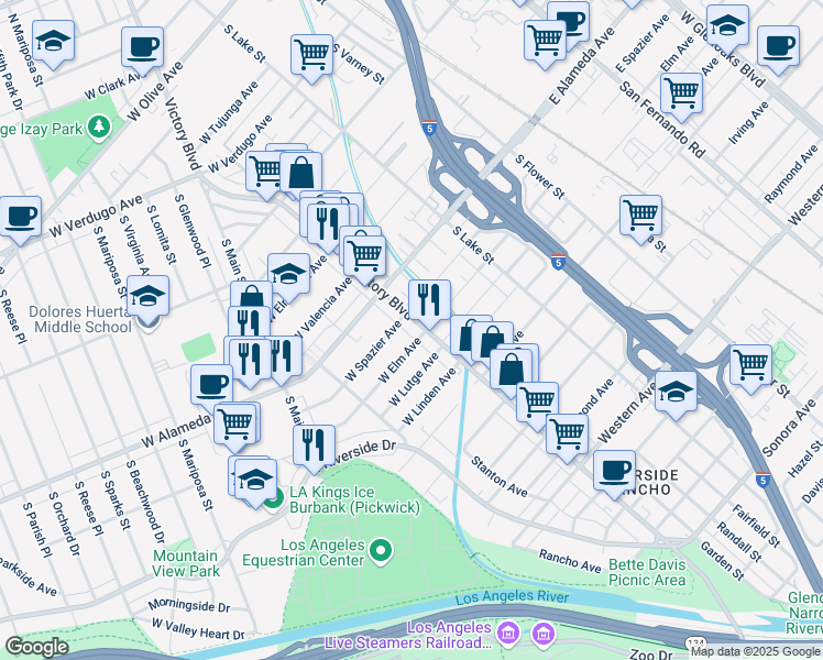 map of restaurants, bars, coffee shops, grocery stores, and more near 1111 South Victory Boulevard in Burbank