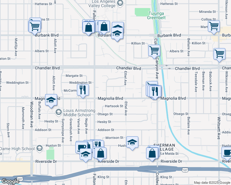 map of restaurants, bars, coffee shops, grocery stores, and more near Atoll Avenue in Los Angeles