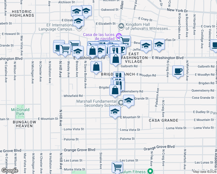 map of restaurants, bars, coffee shops, grocery stores, and more near 1747 Brigden Road in Pasadena