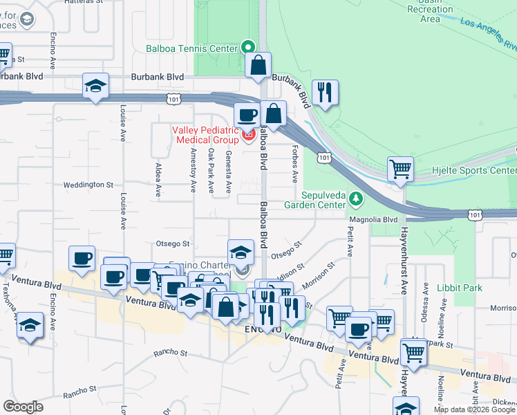 map of restaurants, bars, coffee shops, grocery stores, and more near 5215 Balboa Boulevard in Los Angeles