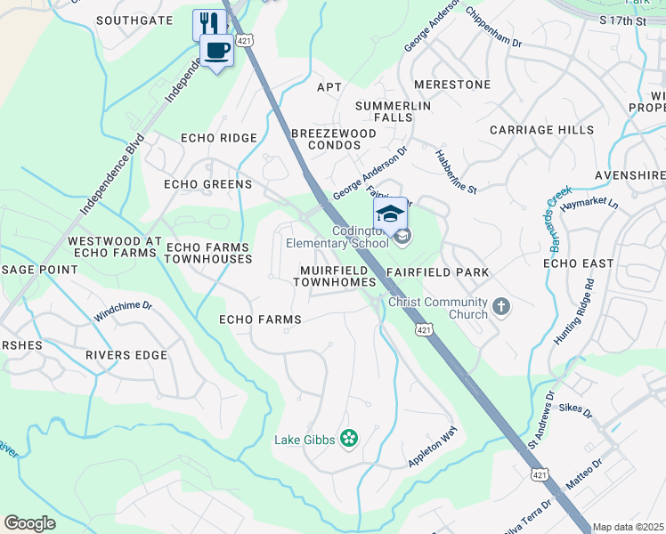 map of restaurants, bars, coffee shops, grocery stores, and more near 4325 Peeble Drive in Wilmington