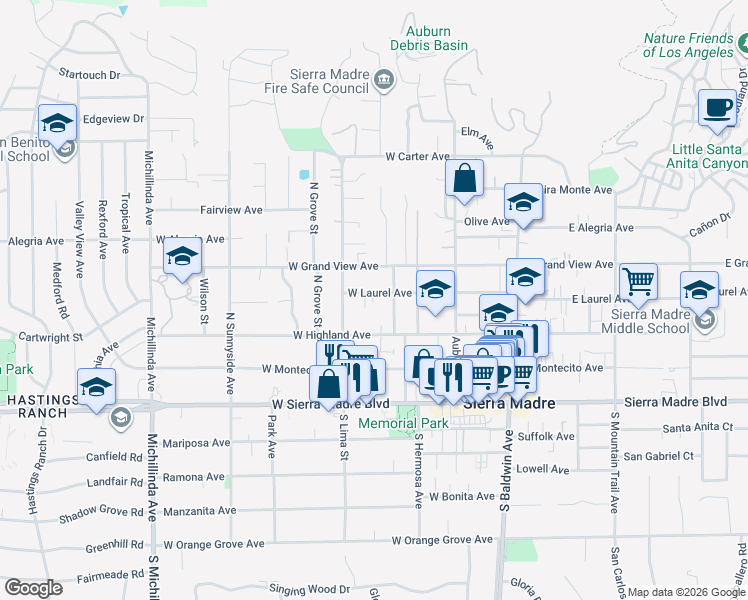 map of restaurants, bars, coffee shops, grocery stores, and more near 274 West Laurel Avenue in Sierra Madre