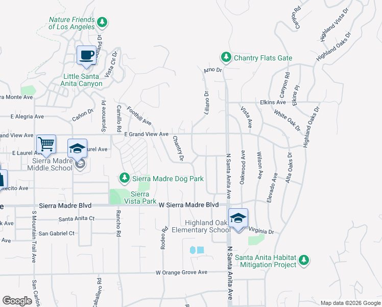 map of restaurants, bars, coffee shops, grocery stores, and more near 1825 Stonehouse Road in Arcadia