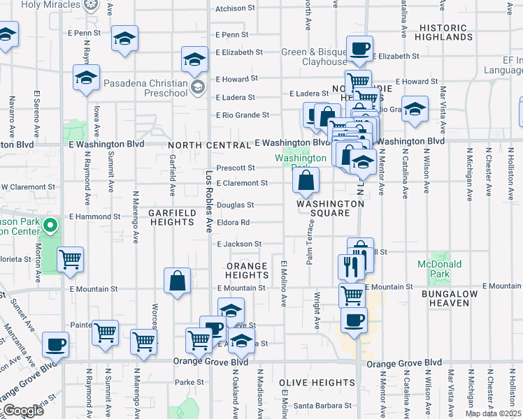 map of restaurants, bars, coffee shops, grocery stores, and more near 590 Douglas Street in Pasadena