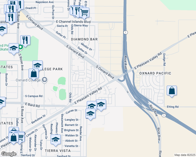 map of restaurants, bars, coffee shops, grocery stores, and more near 3803 Shelley Place in Oxnard