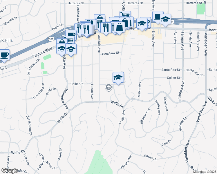 map of restaurants, bars, coffee shops, grocery stores, and more near 5220 Collier Place in Los Angeles