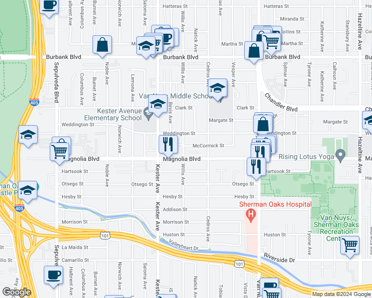 map of restaurants, bars, coffee shops, grocery stores, and more near 14756 McCormick Street in Los Angeles