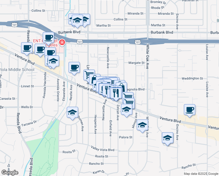 map of restaurants, bars, coffee shops, grocery stores, and more near 5238 Newcastle Avenue in Los Angeles