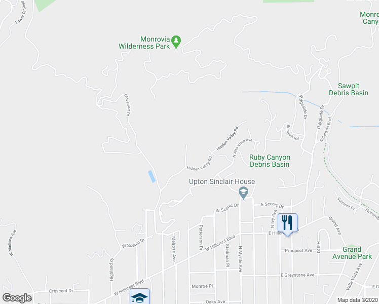 map of restaurants, bars, coffee shops, grocery stores, and more near 22 Hidden Valley Road in Monrovia