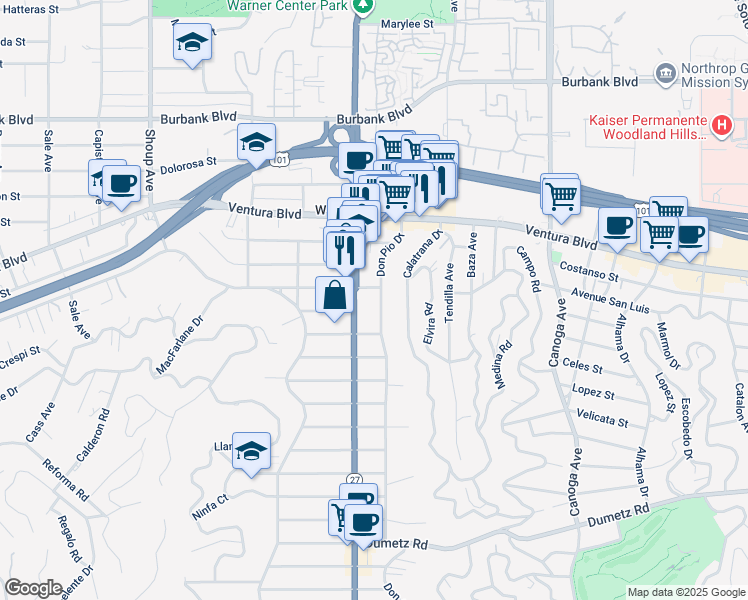 map of restaurants, bars, coffee shops, grocery stores, and more near 5245 Don Pio Dr in Los Angeles