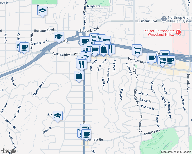 map of restaurants, bars, coffee shops, grocery stores, and more near 5264 Calatrana Drive in Los Angeles