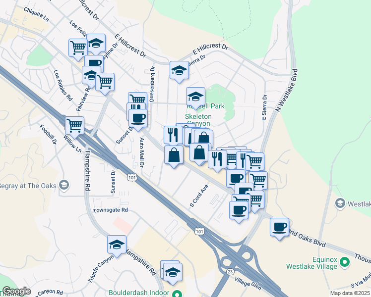 map of restaurants, bars, coffee shops, grocery stores, and more near 3625 Thousand Oaks Boulevard in Thousand Oaks