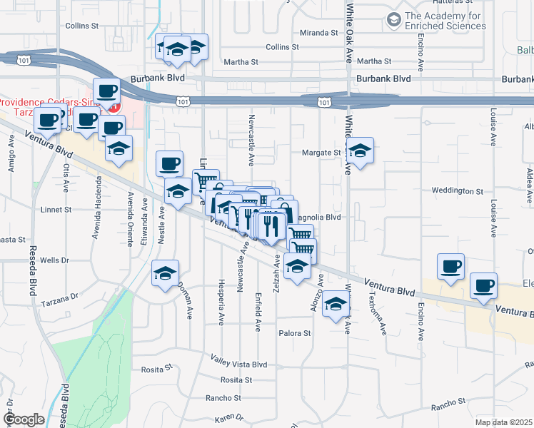 map of restaurants, bars, coffee shops, grocery stores, and more near 17943 Magnolia Boulevard in Los Angeles