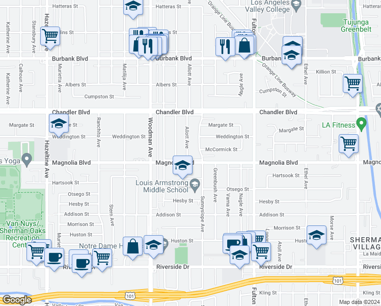 map of restaurants, bars, coffee shops, grocery stores, and more near 5224 Allott Avenue in Los Angeles