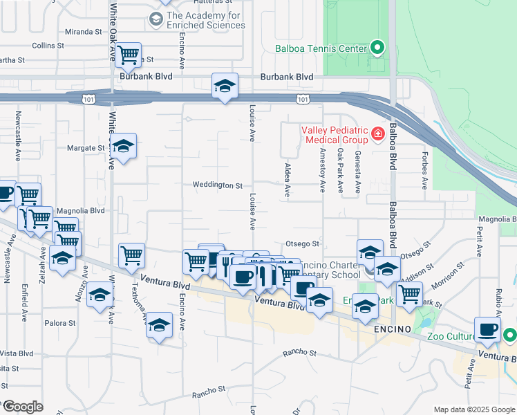 map of restaurants, bars, coffee shops, grocery stores, and more near 5200 Louise Avenue in Los Angeles