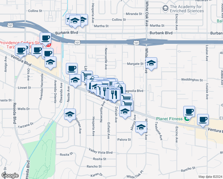 map of restaurants, bars, coffee shops, grocery stores, and more near 17931 Magnolia Boulevard in Los Angeles