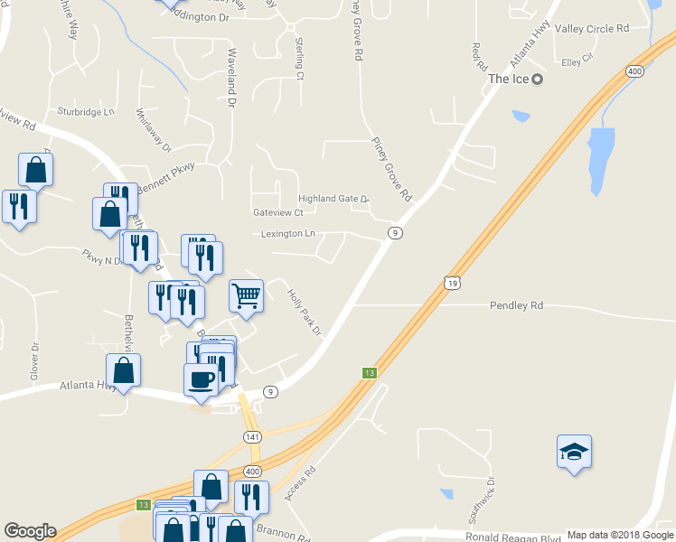 map of restaurants, bars, coffee shops, grocery stores, and more near 2125 Keenland Court in Cumming