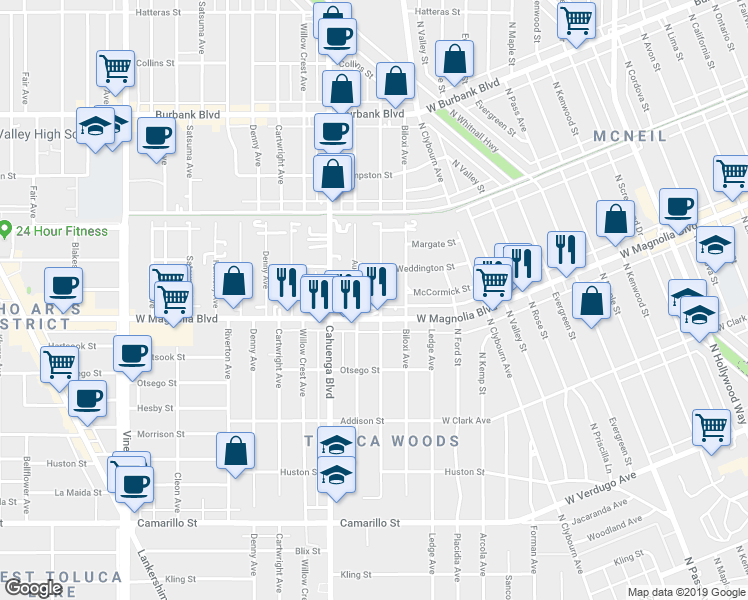 map of restaurants, bars, coffee shops, grocery stores, and more near 5223 Strohm Avenue in Los Angeles