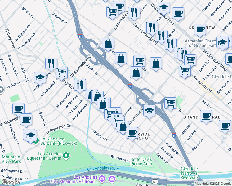 map of restaurants, bars, coffee shops, grocery stores, and more near 1836 Lake Street in Glendale