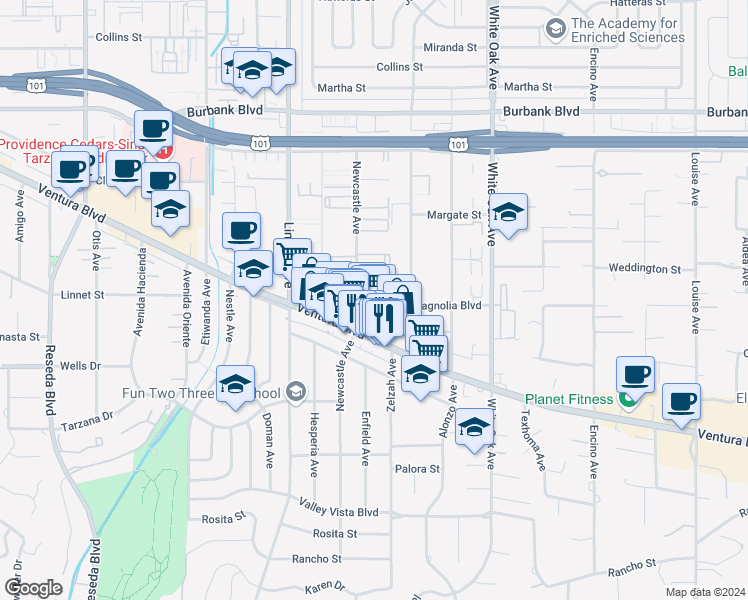 map of restaurants, bars, coffee shops, grocery stores, and more near 17931 Magnolia Boulevard in Los Angeles