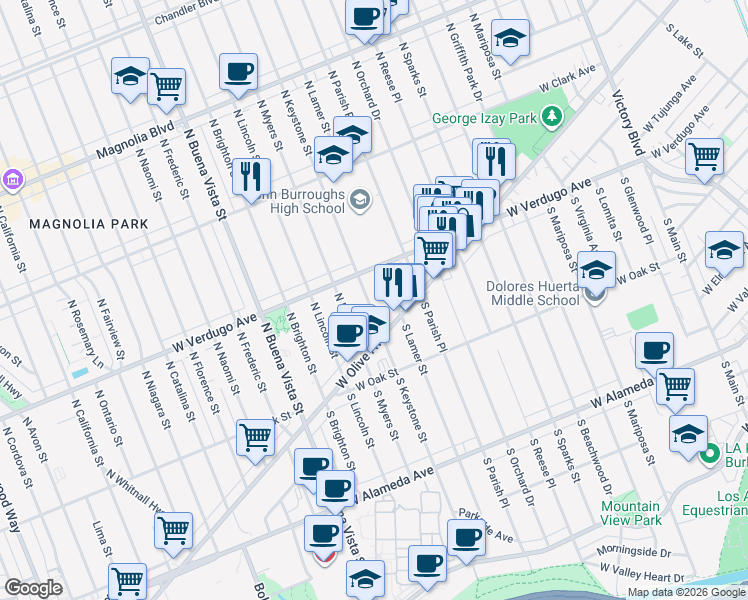 map of restaurants, bars, coffee shops, grocery stores, and more near 220 North Keystone Street in Burbank