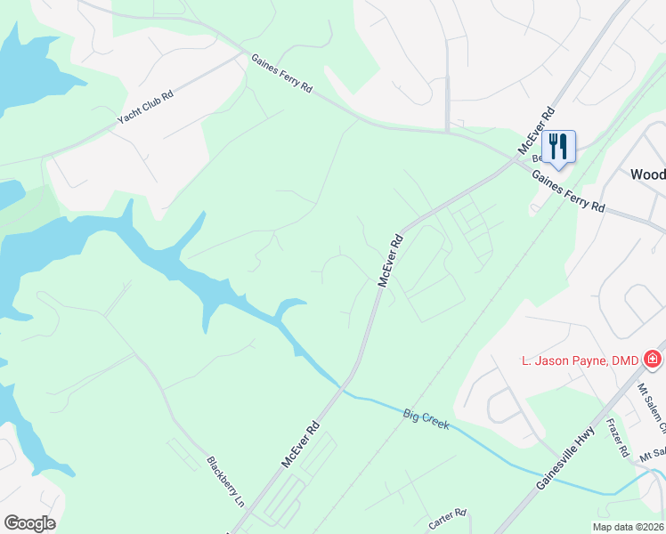 map of restaurants, bars, coffee shops, grocery stores, and more near 6637 Lake Run Drive in Flowery Branch