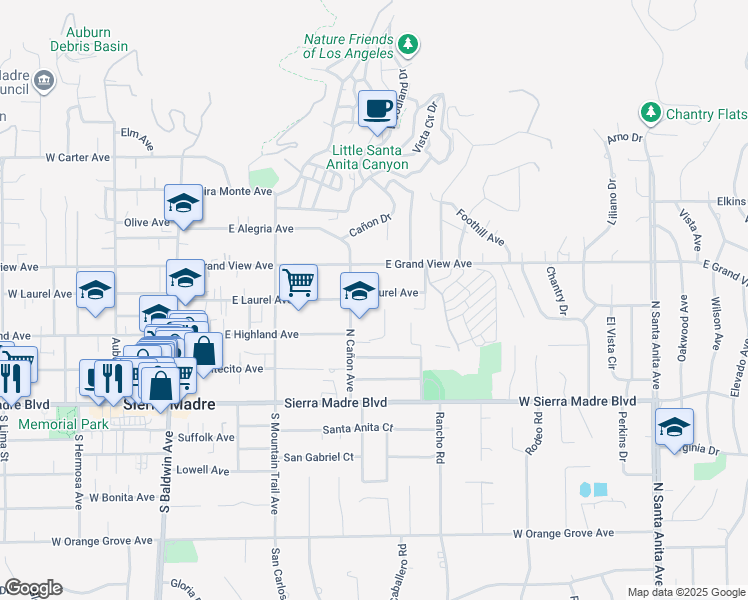 map of restaurants, bars, coffee shops, grocery stores, and more near 410 East Laurel Avenue in Sierra Madre