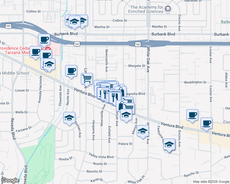 map of restaurants, bars, coffee shops, grocery stores, and more near 17937 Magnolia Boulevard in Los Angeles