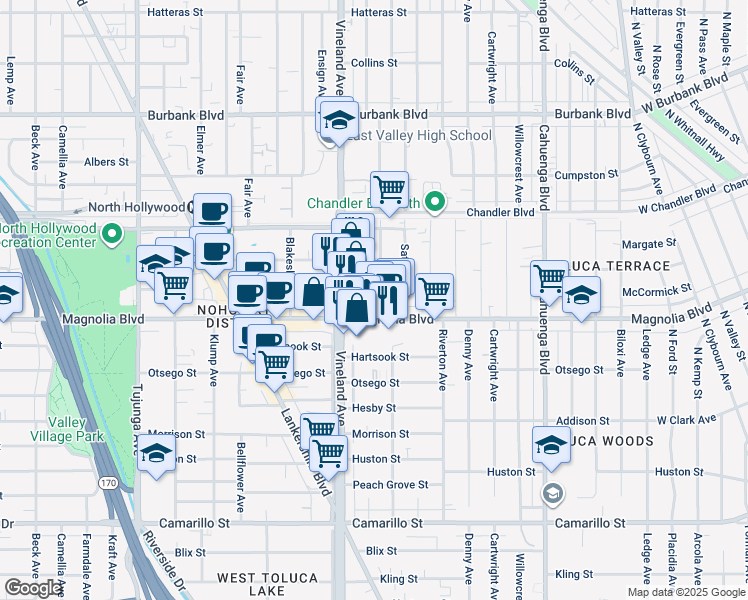 map of restaurants, bars, coffee shops, grocery stores, and more near 5219 Craner Avenue in Los Angeles