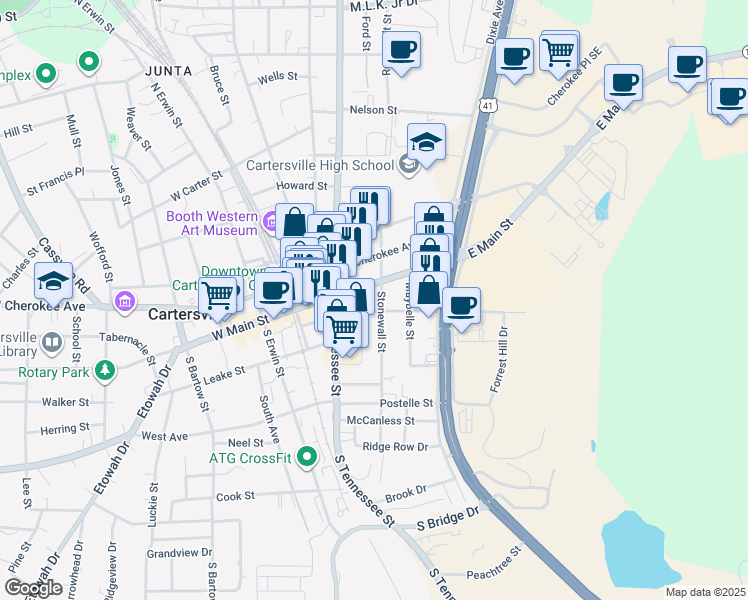 map of restaurants, bars, coffee shops, grocery stores, and more near 109 Stonewall Street in Cartersville