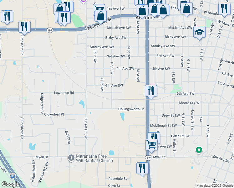 map of restaurants, bars, coffee shops, grocery stores, and more near 1518 7th Avenue Southwest in Ardmore
