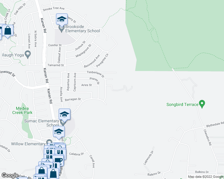 map of restaurants, bars, coffee shops, grocery stores, and more near Bamfield Dr in Agoura Hills