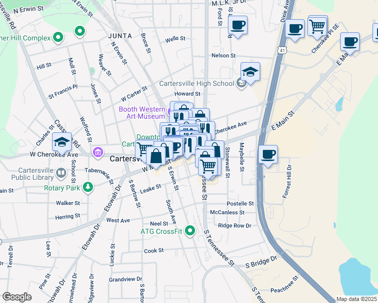 map of restaurants, bars, coffee shops, grocery stores, and more near 26 North Wall Street in Cartersville