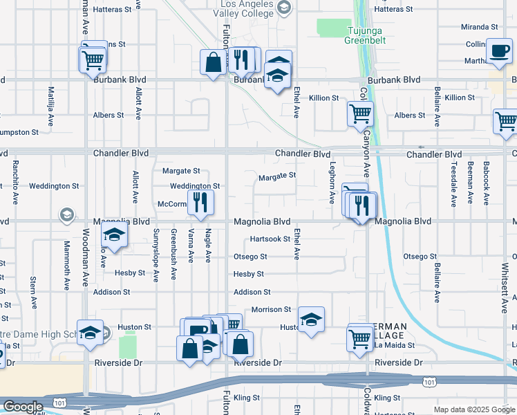map of restaurants, bars, coffee shops, grocery stores, and more near 5222 Longridge Avenue in Los Angeles
