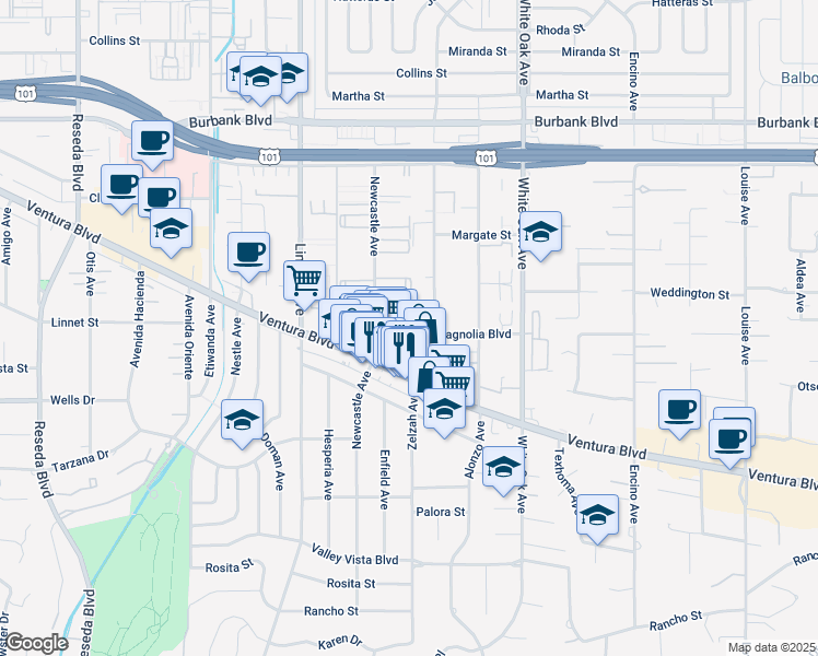 map of restaurants, bars, coffee shops, grocery stores, and more near 17931 Magnolia Boulevard in Los Angeles