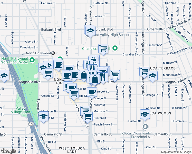 map of restaurants, bars, coffee shops, grocery stores, and more near 5219 Craner Ave in Los Angeles