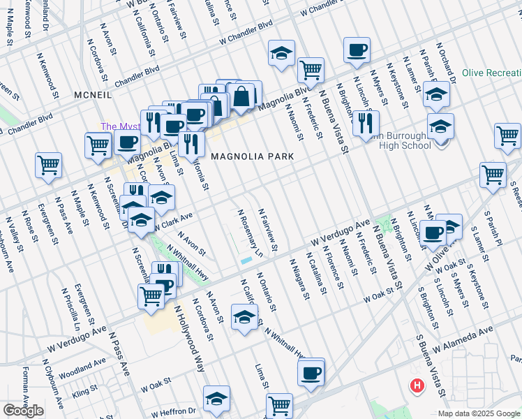 map of restaurants, bars, coffee shops, grocery stores, and more near 622 North Fairview Street in Burbank
