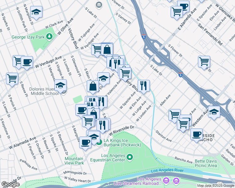 map of restaurants, bars, coffee shops, grocery stores, and more near 353 West Alameda Avenue in Burbank