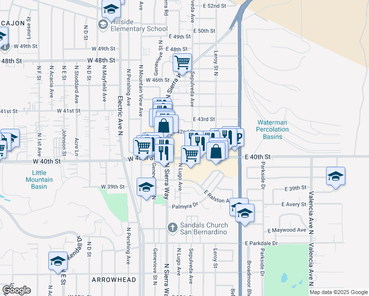map of restaurants, bars, coffee shops, grocery stores, and more near 170 East 40th Street in San Bernardino