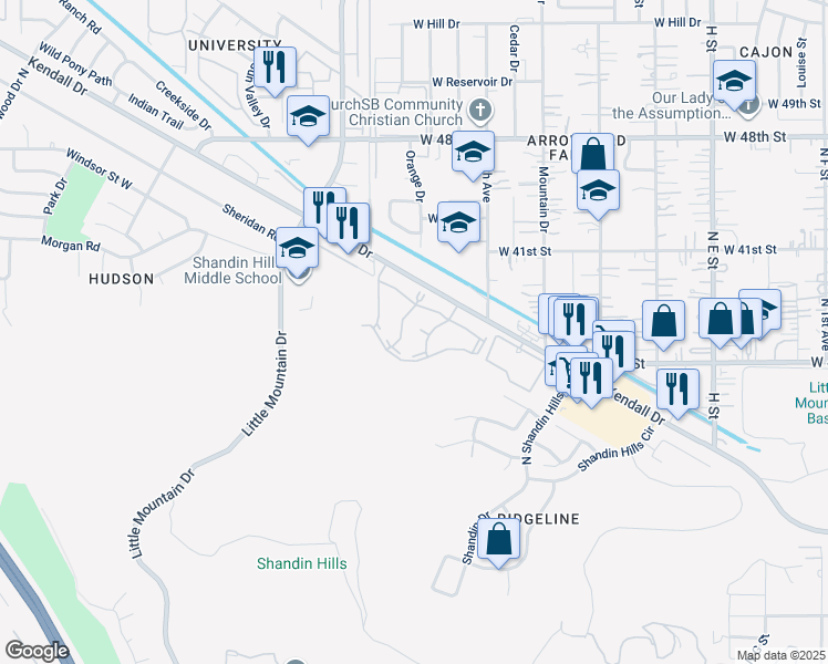map of restaurants, bars, coffee shops, grocery stores, and more near 1265 Kendall Drive in San Bernardino